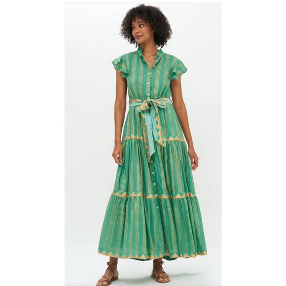 OLIPHANT L Large Pixie Green Gold Ruffle Collar Maxi Dress Belted Short Sleeve - Picture 1 of 9